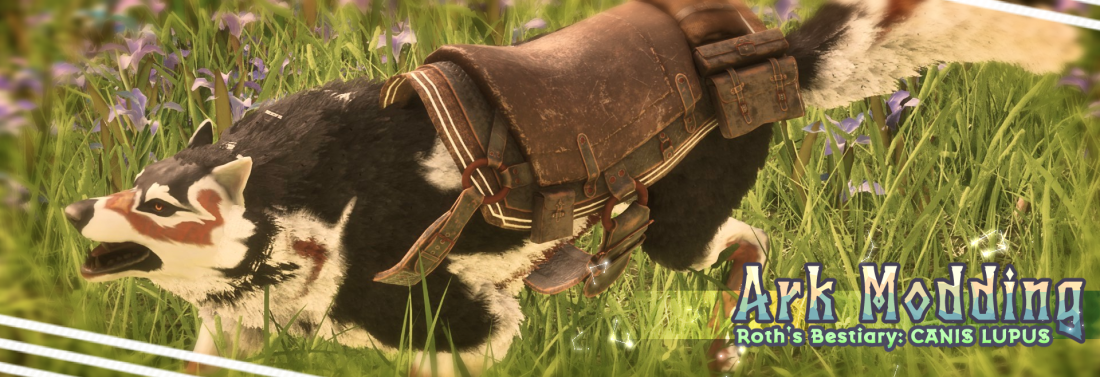 An Ark Survival Ascended mod by Roth's Bestiary: CANIS LUPUS - . The wolf variant is sporting Halo's custom retexture. Image linked to mod page.